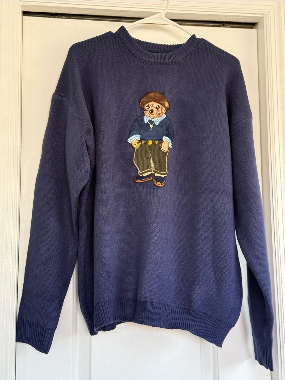 Women's Navy Crewneck Sweater with Bear Appliqué oversized
